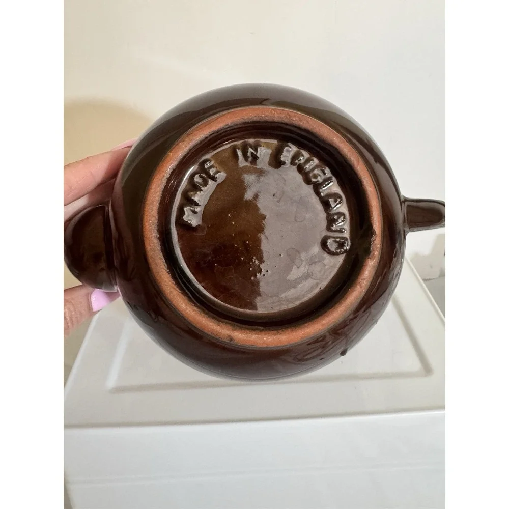 Vintage Brown Glazed Ceramic Teapot Made In England Round Pottery Tea Pot Lid